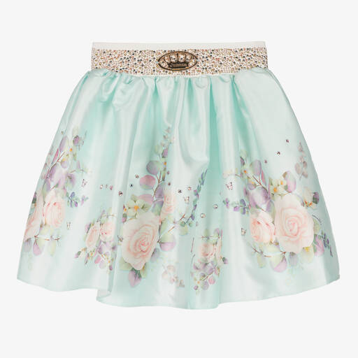 Junona-Girls Turquoise Blue Floral Satin Skirt | Childrensalon Outlet