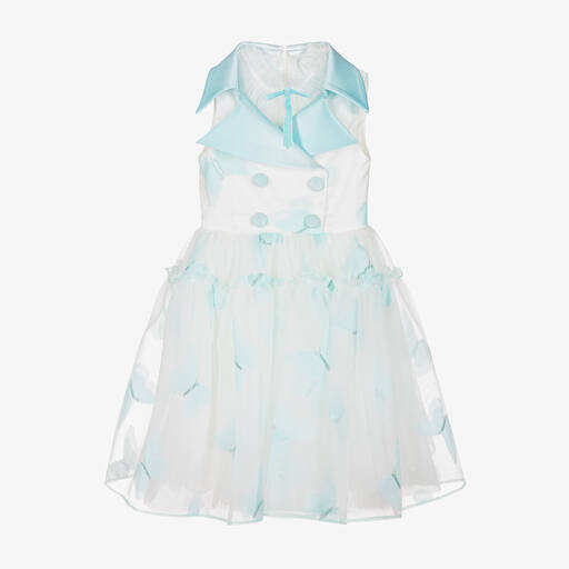 Junona-Girls Turquoise Blue & White Organza Dress | Childrensalon Outlet