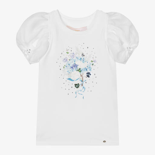 Junona-Girls White Cotton Floral Print T-Shirt | Childrensalon Outlet