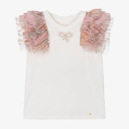 Junona-Girls White Cotton Tulle T-Shirt | Childrensalon Outlet