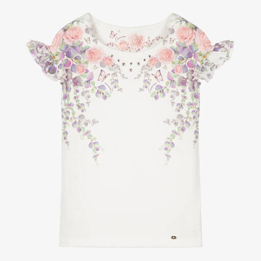 Junona-Girls White Crystal & Floral Print Jersey T-Shirt | Childrensalon Outlet