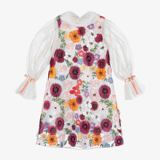 Junona-Girls White Floral Embroidered Tulle Dress | Childrensalon Outlet