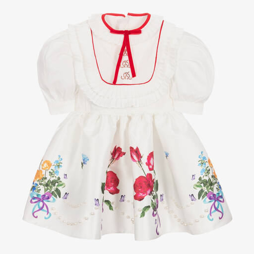 Junona-Girls White Floral Satin Dress | Childrensalon Outlet