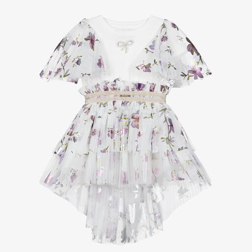 Junona-Girls White Floral Tulle Dress | Childrensalon Outlet