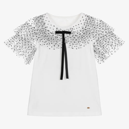 Junona-Girls White Polka Dot Tulle T-Shirt | Childrensalon Outlet