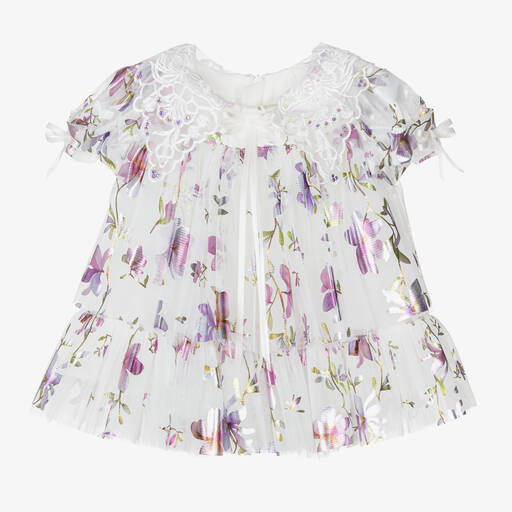 Junona-Girls White & Purple Floral Tulle Dress | Childrensalon Outlet