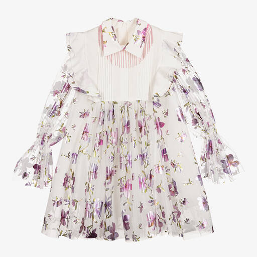 Junona-Girls White & Purple Floral Tulle Dress | Childrensalon Outlet