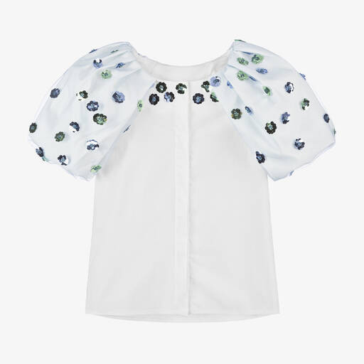 Junona-Girls White Sequin Flower Cotton Blouse | Childrensalon Outlet