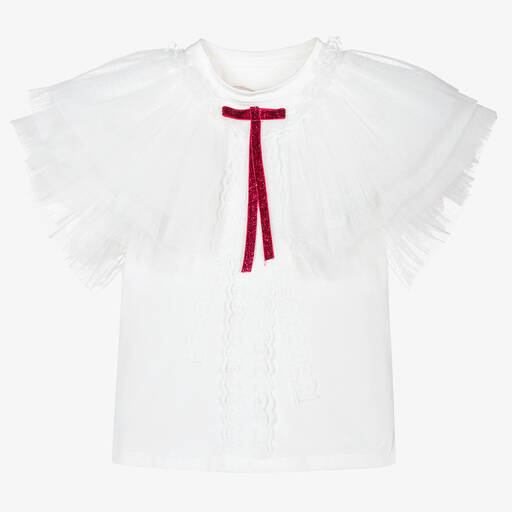 Junona-Girls White Tulle Cotton T-Shirt | Childrensalon Outlet
