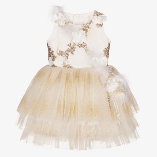 Junona-Pailletten-Tüllkleid in Elfenbein und Gold | Childrensalon Outlet