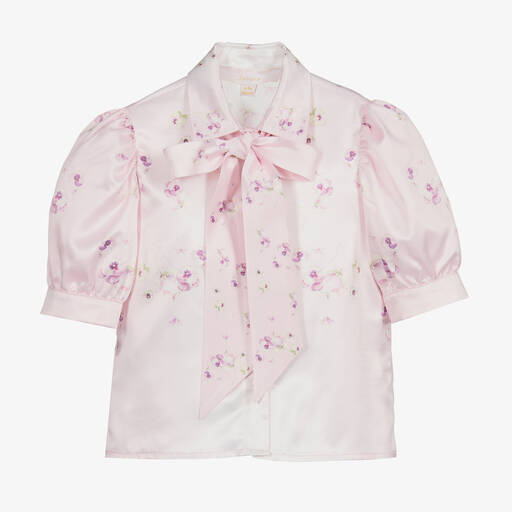 Junona-Blouse à lavallière fleurie rose en satin | Childrensalon Outlet