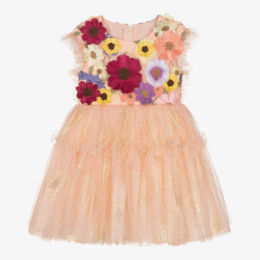 Junona-Pink & Gold Embroidered Floral Tulle Dress | Childrensalon Outlet