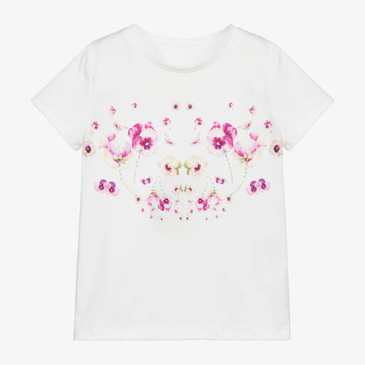 Junona-White Cotton Floral T-Shirt | Childrensalon Outlet