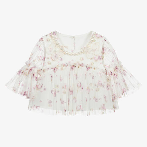 Junona-White Floral Tulle Blouse | Childrensalon Outlet