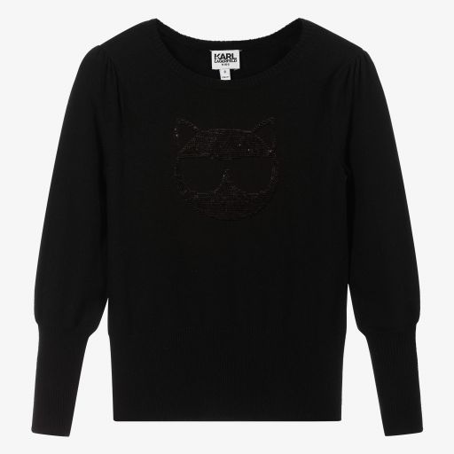 KARL LAGERFELD KIDS-Black Sequin Choupette Sweater | Childrensalon Outlet