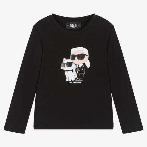 KARL LAGERFELD KIDS-Girls Black Cotton Karl & Choupette Top | Childrensalon Outlet