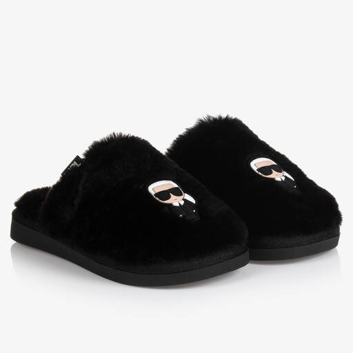 KARL LAGERFELD KIDS-Girls Black Faux Fur Slippers | Childrensalon Outlet