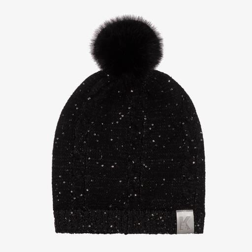 KARL LAGERFELD KIDS-Girls Black Sequin Pom-Pom Hat | Childrensalon Outlet