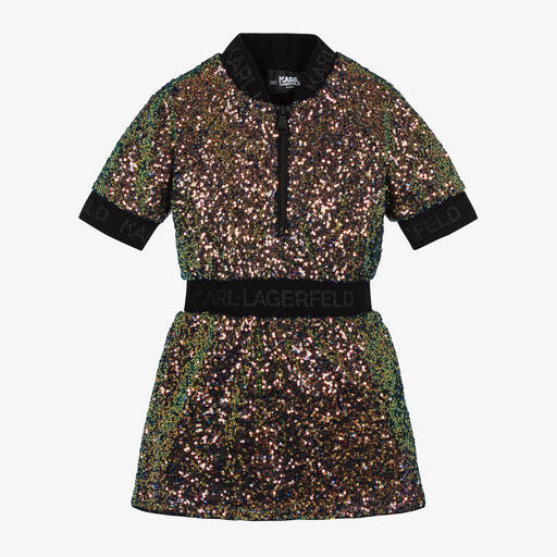 KARL LAGERFELD KIDS-Girls Green Sequin & Jacquard Dress | Childrensalon Outlet