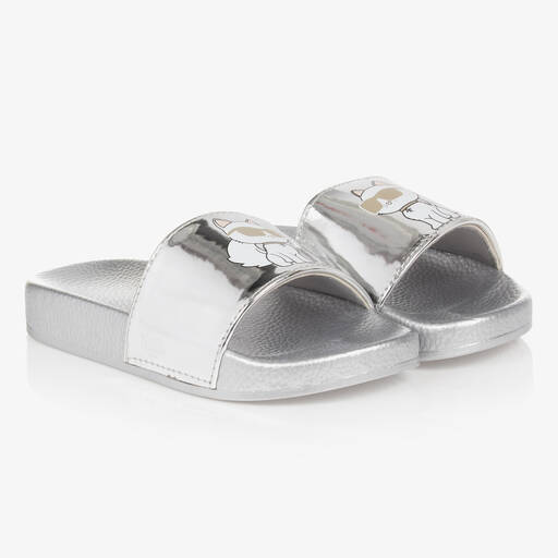 KARL LAGERFELD KIDS-شبشب سلايدرز جلد صناعي لون فضّي للبنات | Childrensalon Outlet