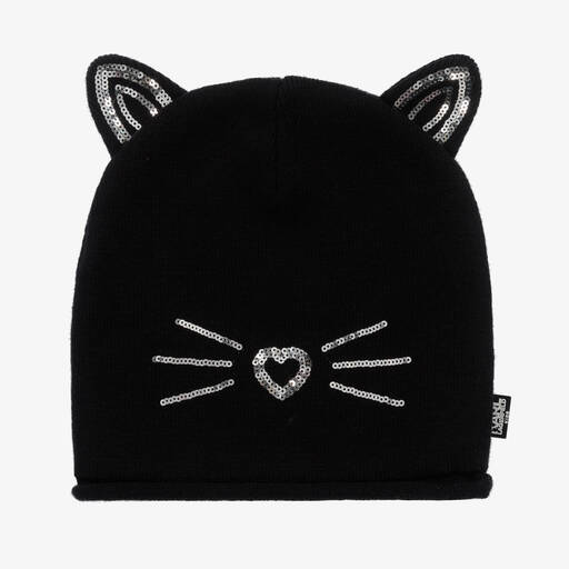 KARL LAGERFELD KIDS-Teen Girls Black Cat Sequin Beanie Hat | Childrensalon Outlet