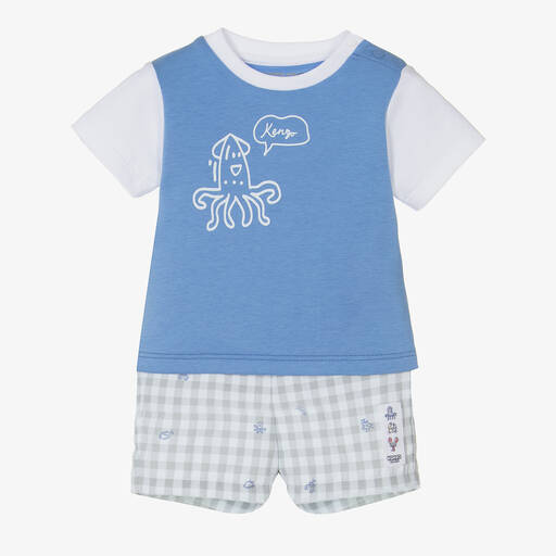 KENZO KIDS-طقم شورت قطن جينغهام لون أزرق ورمادي للمواليد | Childrensalon Outlet
