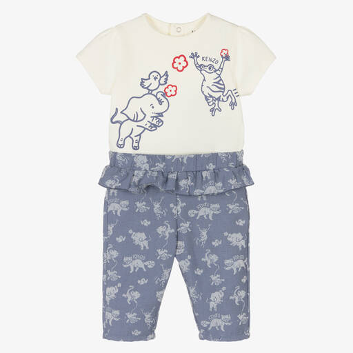 KENZO KIDS-طقم بنطلون قطن جيرسي لون عاجي وأزرق للمولودات | Childrensalon Outlet