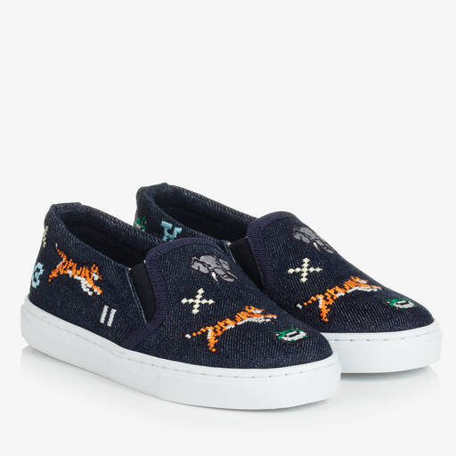 KENZO KIDS-Blue Embroidered Denim Slip-On Trainers | Childrensalon Outlet