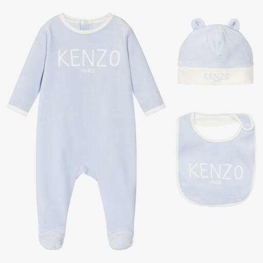KENZO KIDS-Velours-Strampler-Set bestickt Blau | Childrensalon Outlet