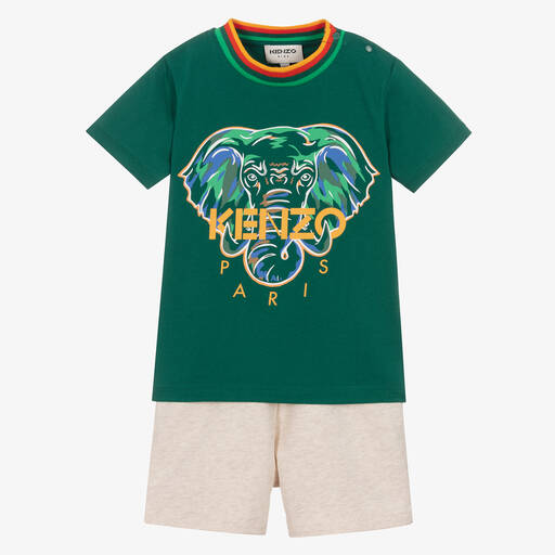 KENZO KIDS-طقم شورت أطفال ولادي قطن جيرسي لون أخضر وبيج | Childrensalon Outlet