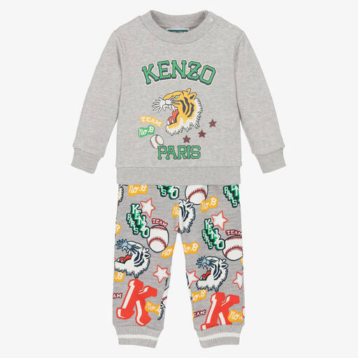 KENZO KIDS-بدلة رياضية قطن جيرسي لون رمادي للأولاد | Childrensalon Outlet
