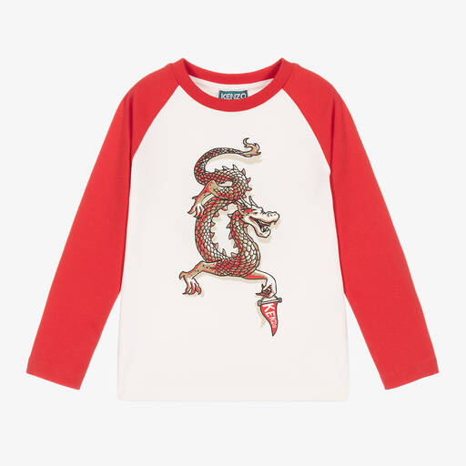 KENZO KIDS-Кремово-красный топ из хлопка с драконом для мальчиков | Childrensalon Outlet