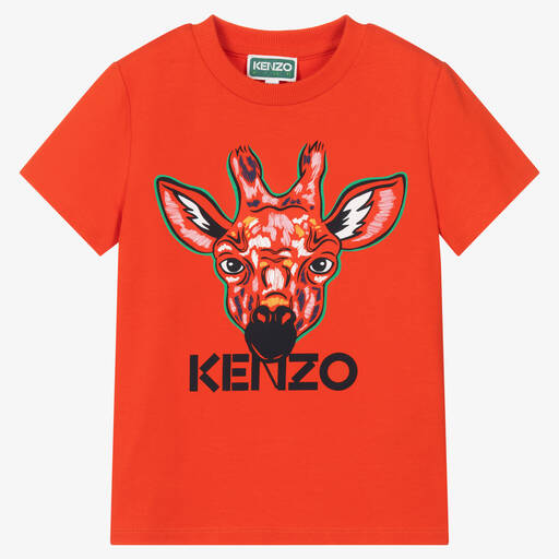 KENZO KIDS-Оранжевая хлопковая футболка с жирафом | Childrensalon Outlet