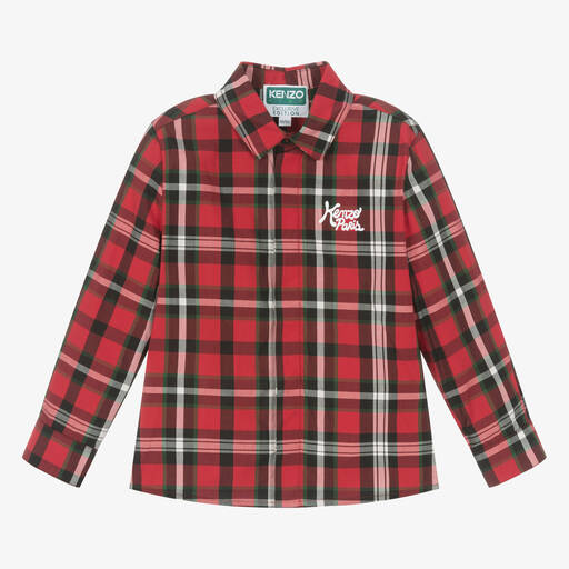 KENZO KIDS-Красная хлопковая рубашка в клетку для мальчиков | Childrensalon Outlet
