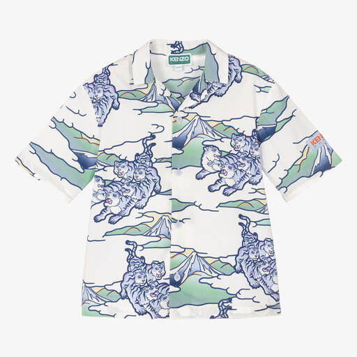 KENZO KIDS-قميص قطن بوبلين لون أبيض وأزرق للأولاد | Childrensalon Outlet