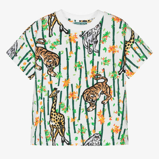 KENZO KIDS-Boys White Cotton Bamboo Print T-Shirt | Childrensalon Outlet