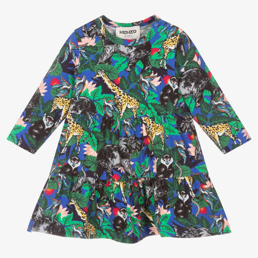 KENZO KIDS-فستان أطفال بناتي قطن جيرسي لون أزرق وأخضر | Childrensalon Outlet