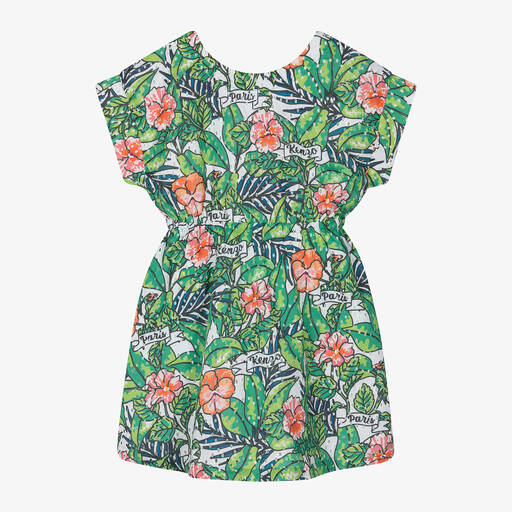KENZO KIDS-فستان قطن لون أخضر بطبعة ورود | Childrensalon Outlet