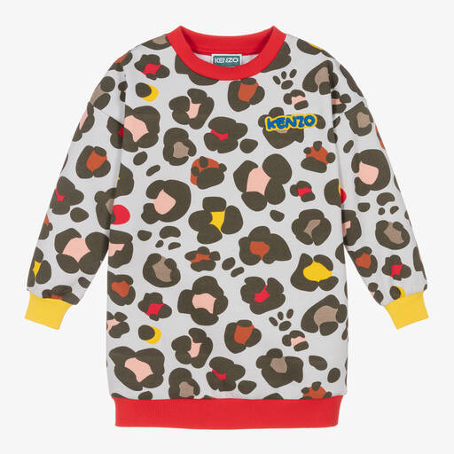 KENZO KIDS-Girls Grey Cotton Animal Print Dress | Childrensalon Outlet