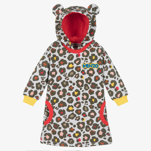 KENZO KIDS-Girls Grey Cotton Animal Print Hooded Dress | Childrensalon Outlet