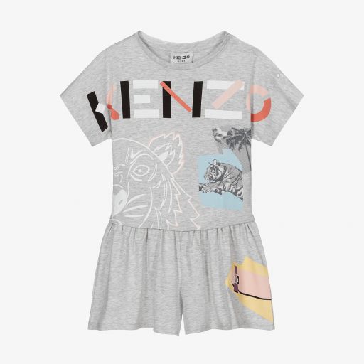 KENZO KIDS-بلاي سوت قطن عضوي جيرسي لون رمادي للبنات | Childrensalon Outlet