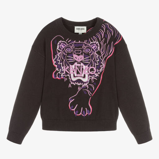 KENZO KIDS-كنزة مزيج قطن وكشمير محبوك لون رمادي داكن للبنات | Childrensalon Outlet
