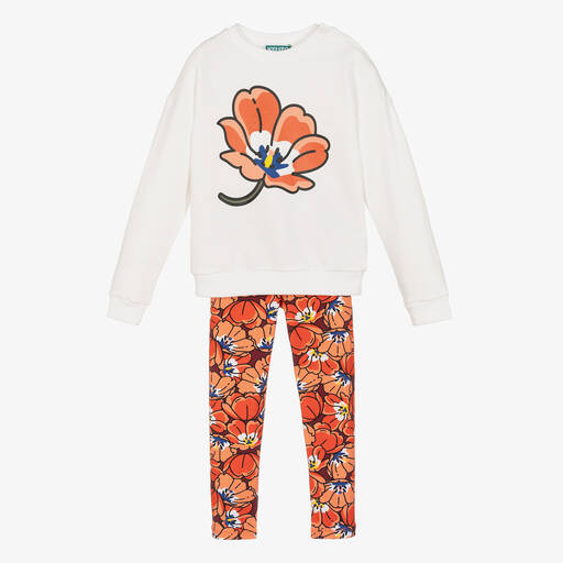 KENZO KIDS-طقم ليقنز  قطن جيرسي لون عاجي وأحمر للبنات | Childrensalon Outlet