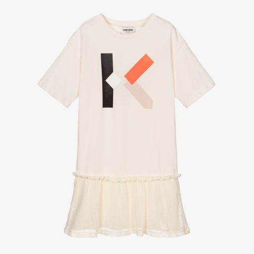 KENZO KIDS-Girls Ivory Logo Mesh Dress | Childrensalon Outlet