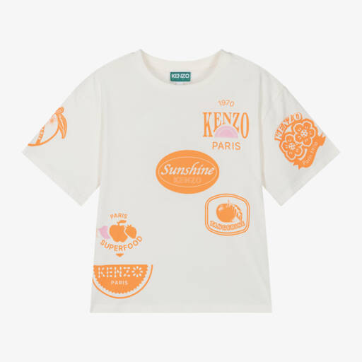 KENZO KIDS-تيشيرت فاكهة باللون العاجي والبرتقالي للبنات | Childrensalon Outlet