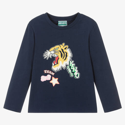 KENZO KIDS-Синий хлопковый топ с тигром | Childrensalon Outlet