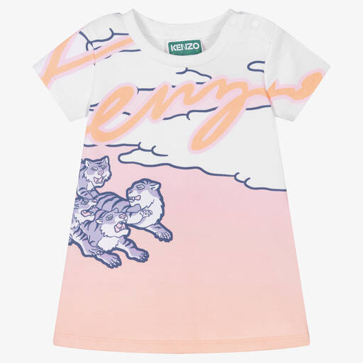 KENZO KIDS-فستان سويتشيرت قطن جيرسي لون برتقالي وأبيض | Childrensalon Outlet