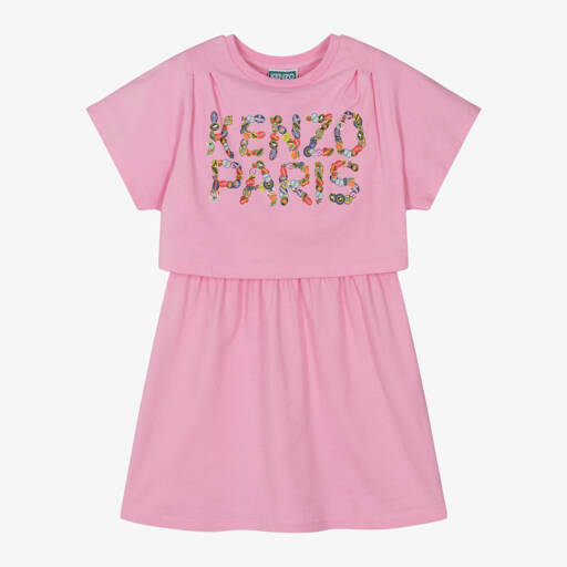 KENZO KIDS-فستان قطني وردي للبنات بشعار الفاكهة | Childrensalon Outlet