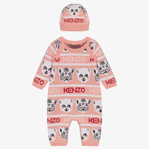 KENZO KIDS-طقم بِدلة أوفرول قطن لون زهري للمولودات | Childrensalon Outlet