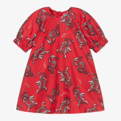 KENZO KIDS-Красное атласное платье с драконами для девочек | Childrensalon Outlet